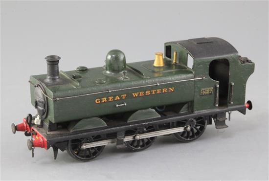 A scratch built O gauge GWR Pannier tank locomotive 0-6-0, number 4657, green livery, 3 rail, 22cm